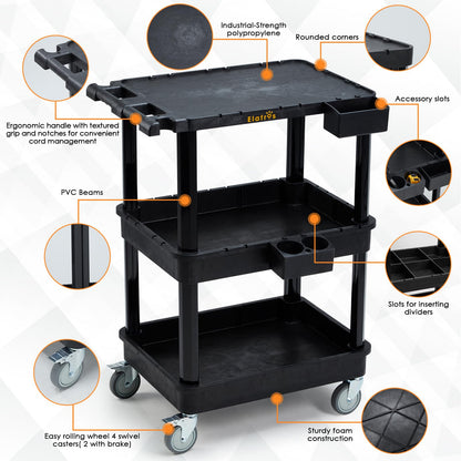 ELAFROS 3-Tier Utility Cart with Flat Top and Deep Shelves, 27.5 x 18.25, Compact Rolling Cart with 4" Wheels, Heavy-Duty Plastic, 330 lbs Capacity for Office, Workshop, Warehouse