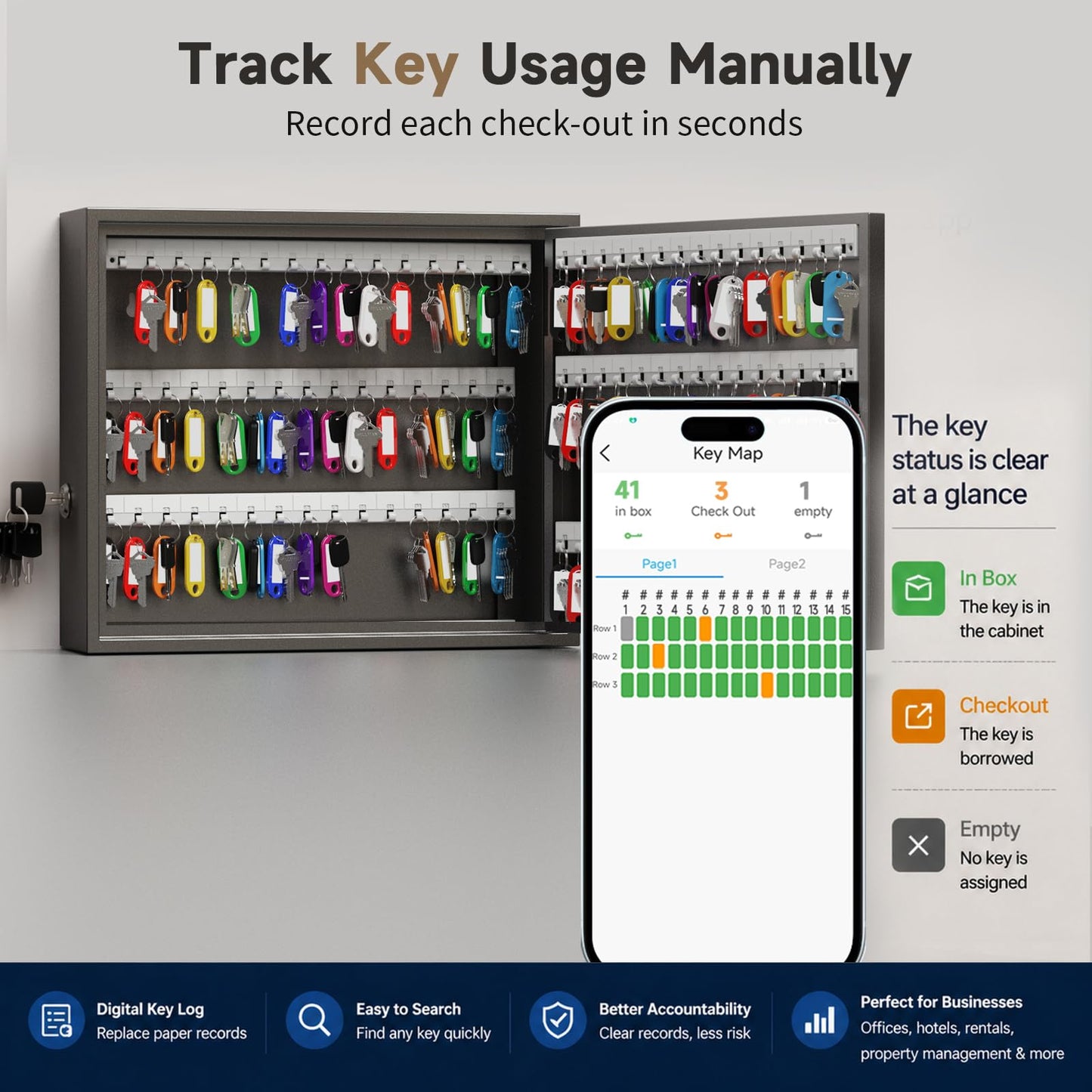 WeHere 90 Key Lock Box, Smart Key Cabinet with Key Management System, App, Bluetooth, Dynamic/Static Password, WiFi Unlock(Sold Separately), Wall-Mount Commercial Key Storage Box for Office, School