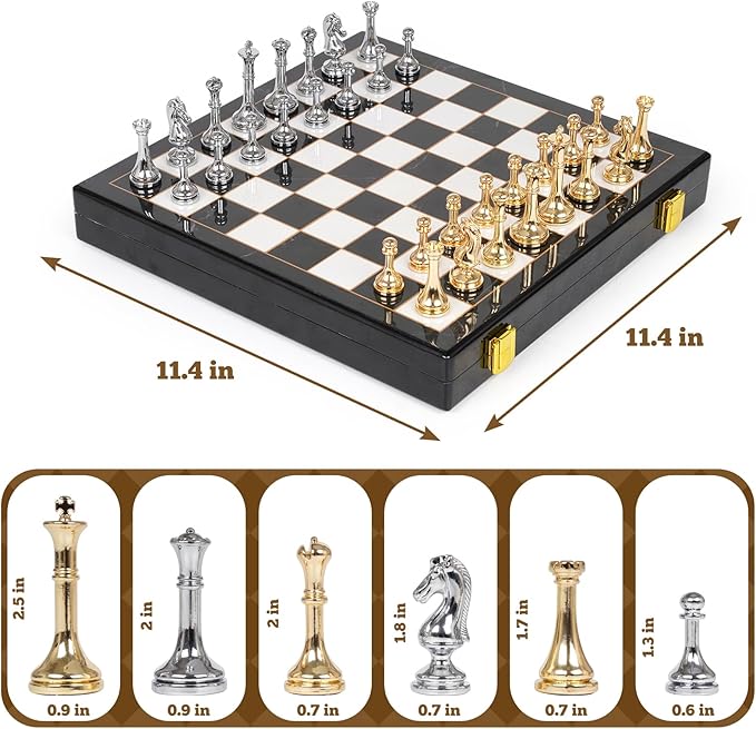 Metal Chess Set for Adults &amp Kids Zinc Alloy Chess Pieces with Marbled Chess Board 11.5 Inch Travel Chess Set with Two Extra Queens Classic Strategy Board Game for Beginners Professionals
