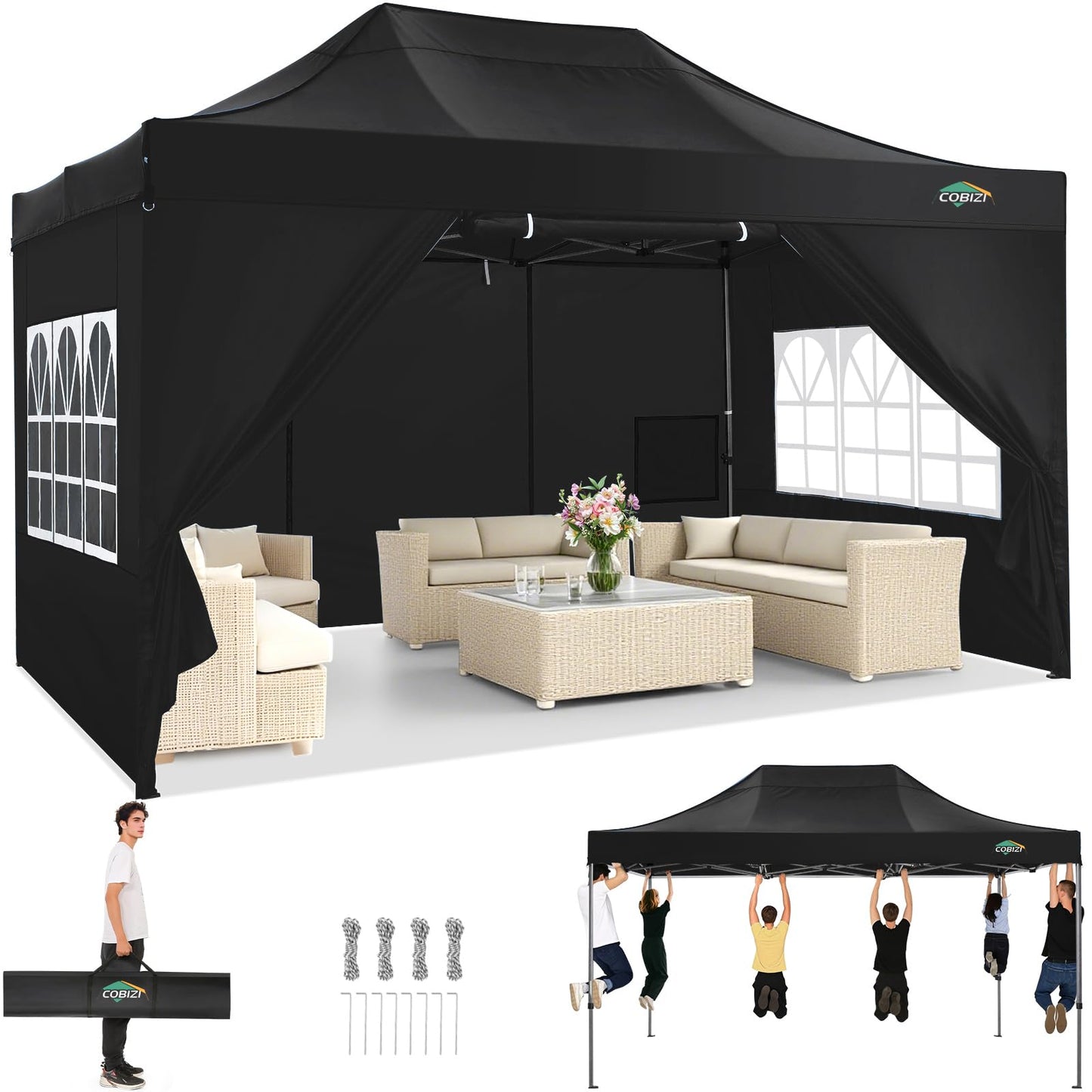 COBIZI 10x15 Heavy Duty Pop Up Canopy Tent with 4 Sidewalls Thicken Frame, Commercial Easy Up Outdoor Wedding Party Tents, All Season Waterproof Windproof with Stakes Sandbags Ropes Bag, Black
