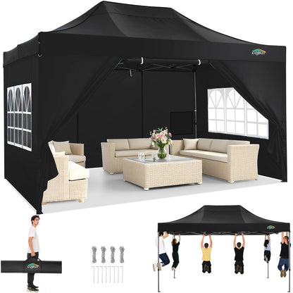 COBIZI 10x15 Heavy Duty Pop Up Canopy Tent with 4 Sidewalls Thicken Frame, Commercial Easy Up Outdoor Wedding Party Tents, All Season Waterproof Windproof with Stakes Sandbags Ropes Bag, Black