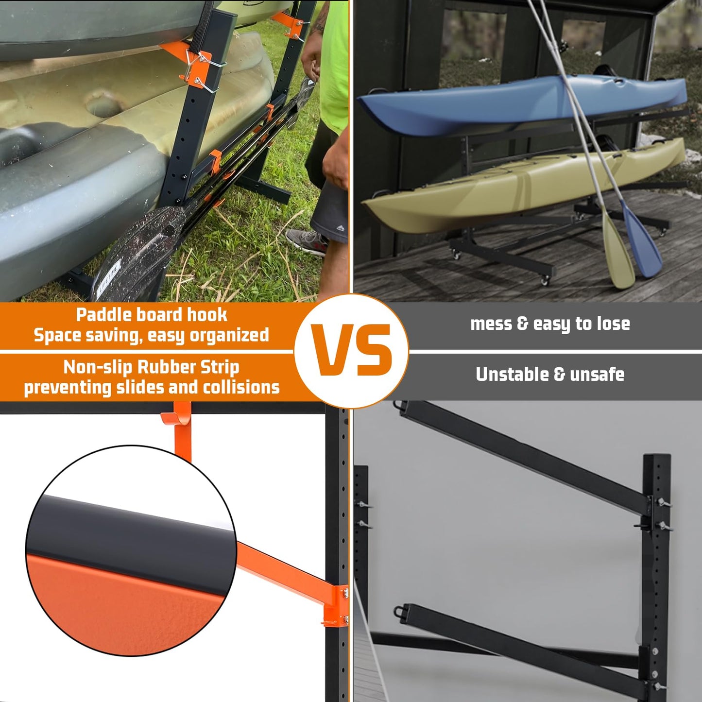 UOKRR 4 Kayak Storage Rack, Freestanding Kayak Racks for Garage, Heavy Duty Adjustable Kayak Stand Indoor Outdoor Storage Rack for Kayaks, Canoes, Surfboard & Paddleboard (4 Levels with paddle hook)