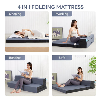LIKIMIO Folding Mattress Queen, High Density Foam Mattress with Breathable and Washable Cover & Storage Bag, 4 Inch Foldable Mat Topper for Camping, RV and Yoga, Handle Design, Blue