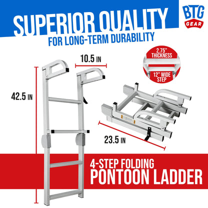 BTG Gear 4-Step Marine Grade Aluminum Pontoon Boat Folding Ladder removable, w/ Quick Release Clips for Boarding, extends up to 42"