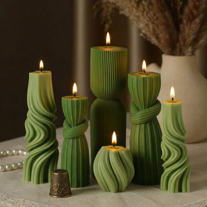 Threlaco 6 Pcs Pillar Candles Decorative Modern Aesthetic Ribbed Candle Set Cute Soy Wax Scented Ribbed Decor Commemorative Gift for Home Decoration(Green, 2.36-6.89 Inch)