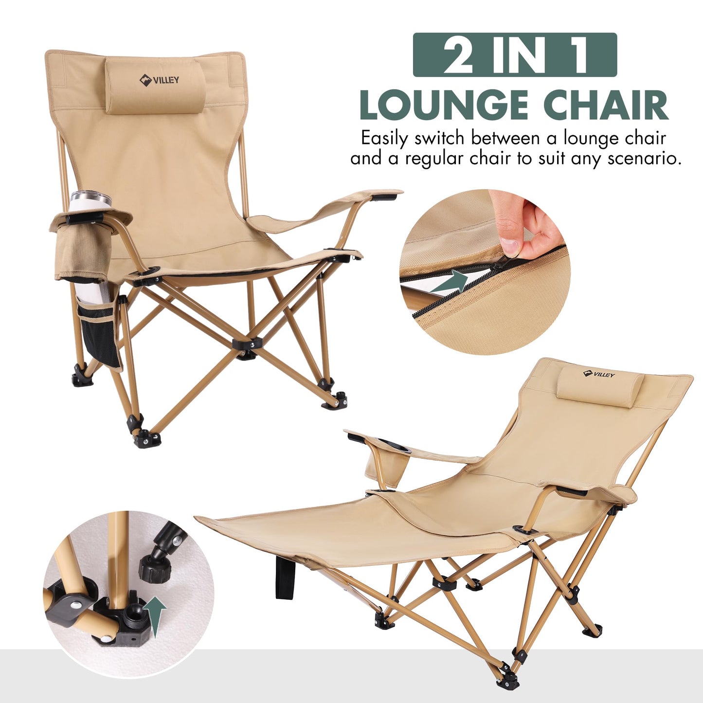 VILLEY Reclining Camping Lounge Chair Adjustable Foldable Chair for Adults with Removable Footrest, Headrest & Storage Bag Supports Up to 330 LBS Beige