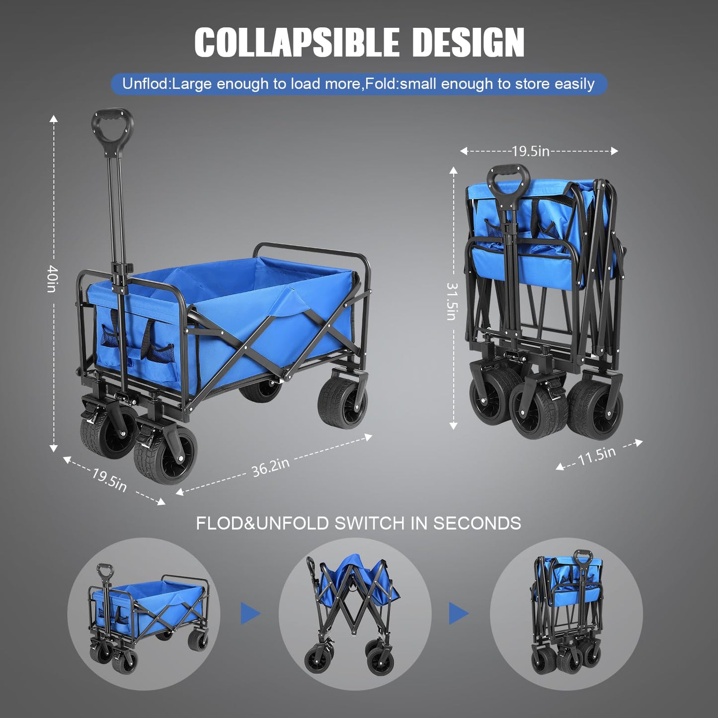 EVLIQUIL Collapsible Foldable Beach Wagon,Folding Wagon Cart with Big Wheels,Utility Grocery All Terrain Wagons carts Foldable with Brakes for Sand Camping Sports Outdoor(Lake Blue).
