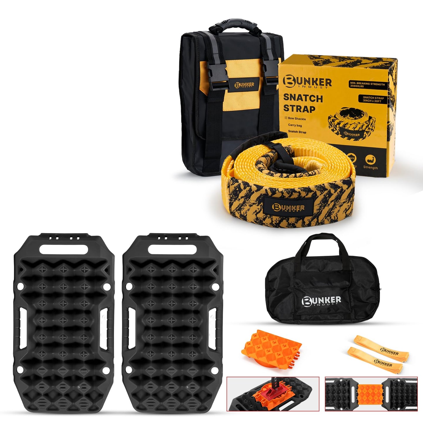 BUNKER INDUST Offroad Traction Boards with Jack Base + 3" x 20ft Tree Saver Winch Strap 35,000 lbs Recovery Straps