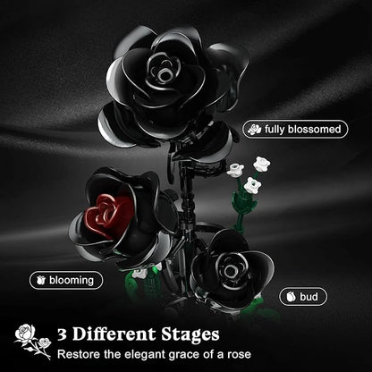 Flower Building Set with LED Light - 232 PCS Black Rose Building Blocks Kit with Dust Cover Easter Day Gift for Her Grilfriend Wife 3.6MM Flower Botanical Collection Block Toy Home Decor