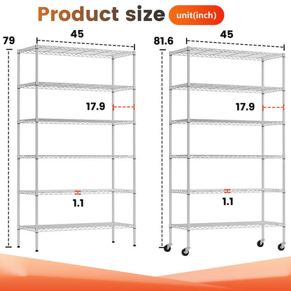 BestOffice | 6-Tier Wire Storage Shelves with Wheels | 18x45x82 | Chrome | Adjustable Racks | Heavy-Duty Metal Shelf, Holds Upto 2100 lbs | No-Tool Assembly | Ideal for Home & Garage Shelving