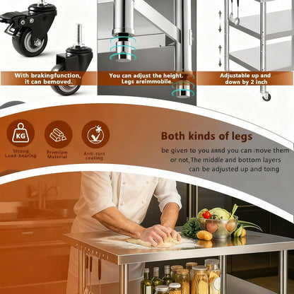 Stainless Steel Prep and Work Table with Wheels, Multi-Size Heavy-Duty Metal Commercial Kitchen Commercial Workbench,Suitable for Restaurants, Homes,Outdoor and Hotels(36" Lx24 Wx34 H)