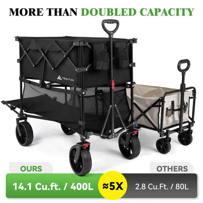 Hikenture Double Decker Wagon, 400L Extra Large Beach Wagon with Big Wheels for Sand, 500LBS Heavy Duty Collapsible Cart with Tailgate, Utility Carts Foldable for Beach, Sports