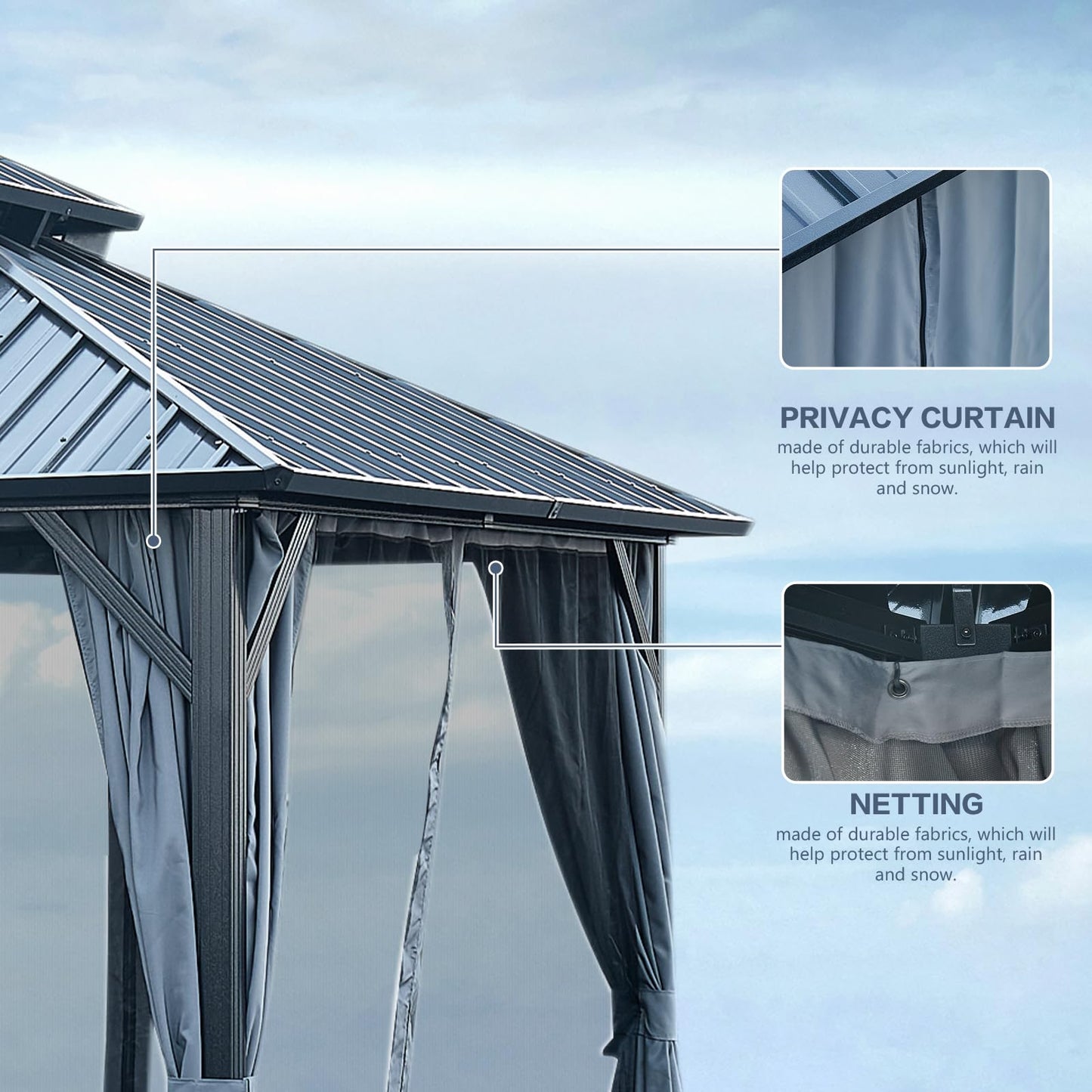 KEIKI 12 * 12FT Permanent Hardtop Gazebo with Netting and Curtains, Double Roof Waterproof Pergola Sunshade Pavilion for Outdoor Patio Lawn Backyard and Garden, Aluminum Frame Galvanized Steel Canopy