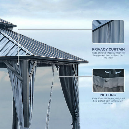KEIKI 12 * 12FT Permanent Hardtop Gazebo with Netting and Curtains, Double Roof Waterproof Pergola Sunshade Pavilion for Outdoor Patio Lawn Backyard and Garden, Aluminum Frame Galvanized Steel Canopy