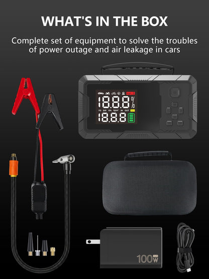 CTWJO Jump Starter with Air Compressor, 3000A Portable Car Battery Jumper Starter with 100W Wall Charger, 16000mAh Power Bank PD 65W Fast Charging, 150PSI Tire Inflator (30L/min), 12V Jump Box