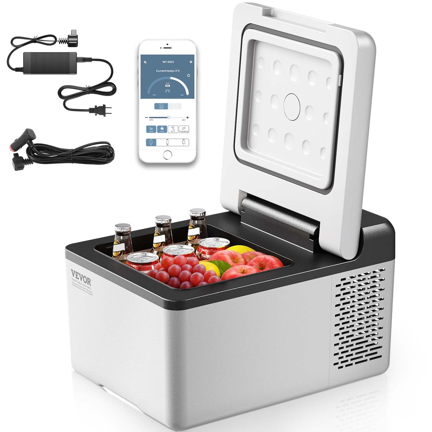 VEVOR 12V Car Refrigerator 10 QT, Portable Mini Freezer with APP Control, -4℉ to 68℉, 12/24V DC & 110-220V AC Compressor Cooler for Travel, Camping, Home, Road Trip