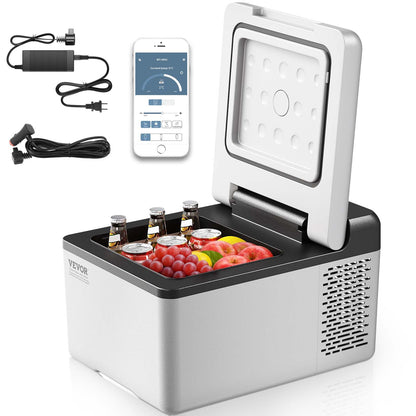 VEVOR 12V Car Refrigerator 10 QT, Portable Mini Freezer with APP Control, -4℉ to 68℉, 12/24V DC & 110-220V AC Compressor Cooler for Travel, Camping, Home, Road Trip