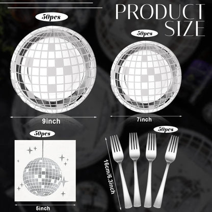 Tanlade 200 Pcs Disco Ball Party Supplies Disco Plates and Napkins Silver Tableware Set for 70s 80s 90s Birthday Rock Roll Dance Music Party 50 Guests