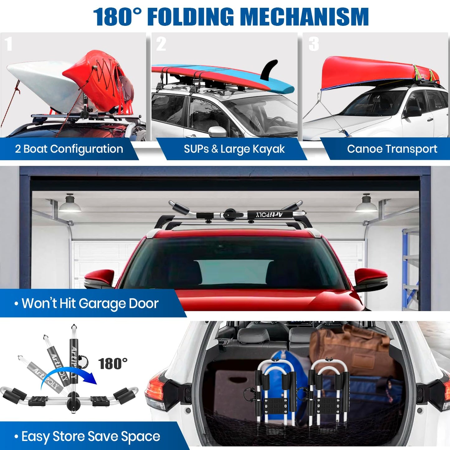ARTIPOLY Kayak Roof Rack for 2 Kayaks, 4-in-1 Multifunction Bilateral Kayak & Canoe Car Racks J-Bar with Paddle Holder for Easy Mount Kayak/Surf/Ski/Canoe/SUP on SUV, Car and Truck Crossbar
