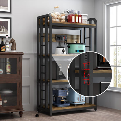 SIREDEEP Bakers Rack with Power Outlet ，4-Tier Kitchen Baker's Rack,Microwave Stand with Storage Suitable for Kitchen, Living Room, Dinning Room，Coffee Bar(Rustic Brown)