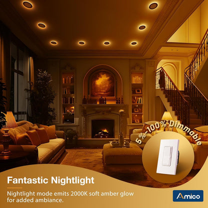 Amico 24 Pack 6 Inch 5CCT LED Recessed Ceiling Light with Night Light, 2700K/3000K/3500K/4000K/5000K Selectable Ultra-Thin Recessed Lighting, 12W=110W, 1100LM, Dimmable Canless Wafer Downlight ETL&FCC