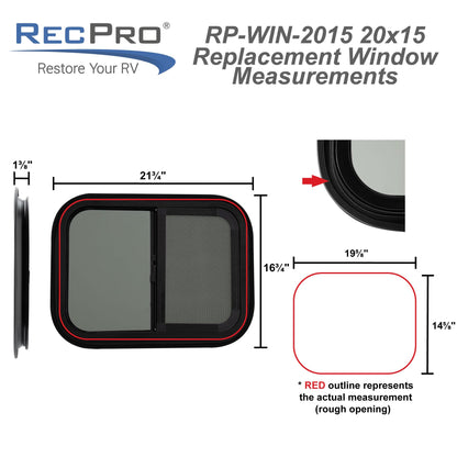 RecPro RV Window Replacement | Teardrop Style | 20inW x 15inH | Horizontal Sliding | Black | Model RP-WIN