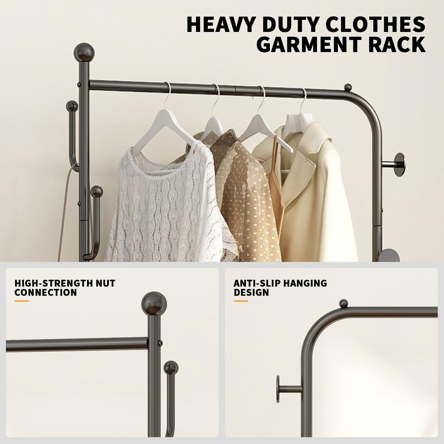 Portable Rolling Anywhere Clothes Racks for Hanging Clothes, Heavy Duty Metal Garment Rack, Freestanding Clothing Rack with Smooth-Rolling Wheels,Double Layers Wardrobe Rack Organize Everything