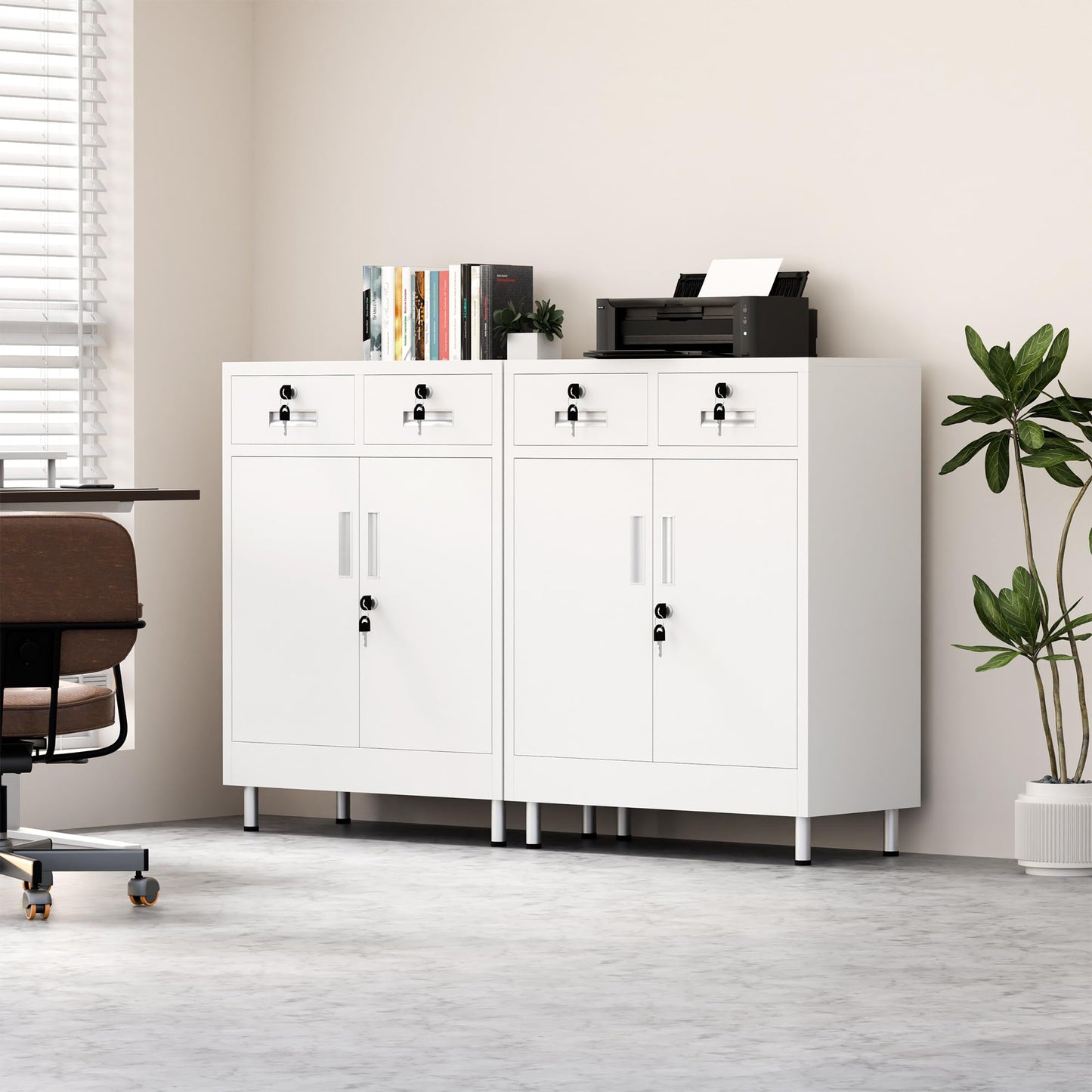 JINGUR Metal Storage Cabinet with Locking Doors and 2 Drawers, Lockable Storage Cabinet with Adjustable Shelf for Home Office Garage Entryway Pantry (White)