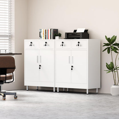 JINGUR Metal Storage Cabinet with Locking Doors and 2 Drawers, Lockable Storage Cabinet with Adjustable Shelf for Home Office Garage Entryway Pantry (White)