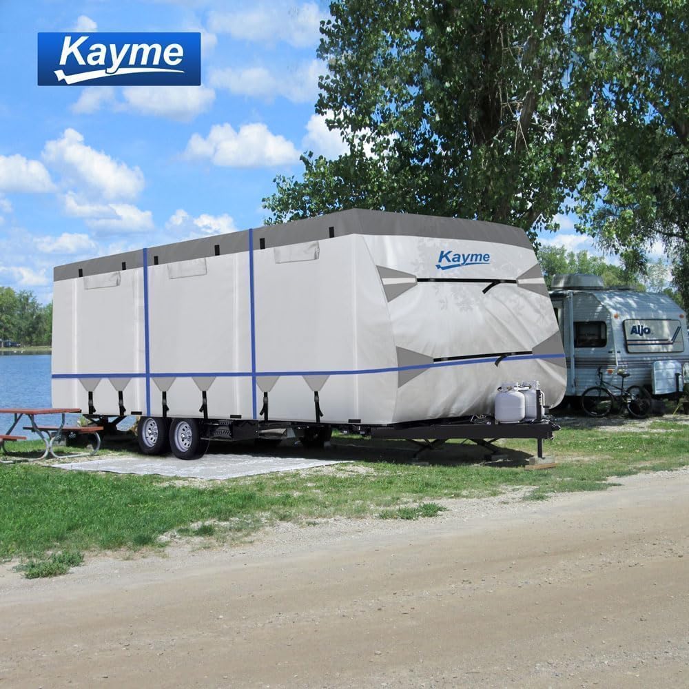 Kayme RV Cover for 28-31ft Travel Trailers, 300D Oxford Heavy Duty Waterproof Camper Cover with Zipper Door.Windproof, UV Protection, Snowproof.Includes 4 Tire Covers, Jack Cover & Wind Straps