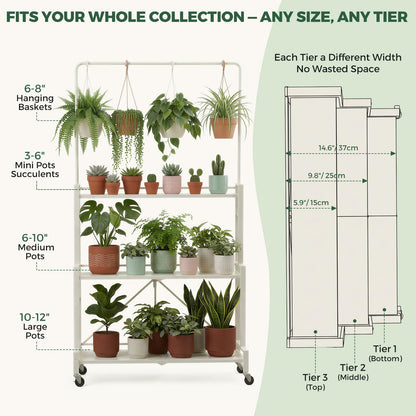 Plant Stand, 4-Tier Foldable Plant Shelf with 3 Shelves and Hanging Rod, Rolling Plant Stand with Wheels, No Assembly Flower Pot Stand for Indoor Outdoor, Sturdy Anti-Tip Plant Rack (Cream White)