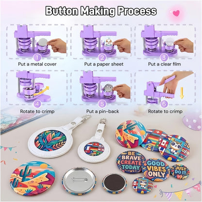 Mryitcal Button Maker Machine 1''+1.25''+2.25'' Pin Maker Button Press Machine w/ 300 Metal Pinback, 10 Fridge Magnet, 5 Badge Charm, 1 Cutting Mat, Badge Making Kit for Custom Badge, Party Favors