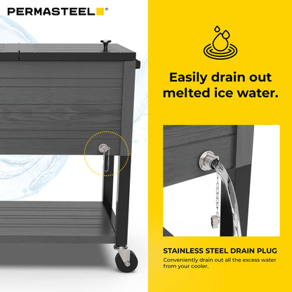 Permasteel Party Cooler with Divider, Spacious 80-Qt Capacity, Chills 36hrs, Rolling Ice Chest for Indoor and Outdoor Entertainment, Wood Grain Finish, Gray