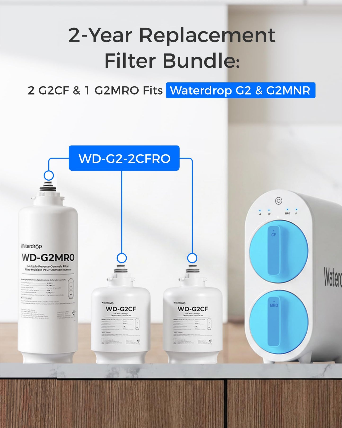 Waterdrop G2-2CFRO Filter, Replacement for G2 Reverse Osmosis System, 2-year Lifetime, Pack of 2 G2CF Filters and 1 G2MRO Filter