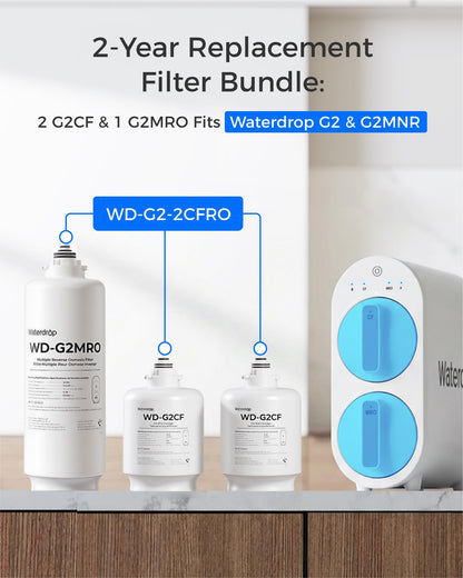 Waterdrop G2-2CFRO Filter, Replacement for G2 Reverse Osmosis System, 2-year Lifetime, Pack of 2 G2CF Filters and 1 G2MRO Filter