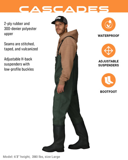 Frogg Toggs Cascades 2-ply Poly/Rubber Bootfoot Chest Wader, Felt Outsole, Forest Green, Size 14