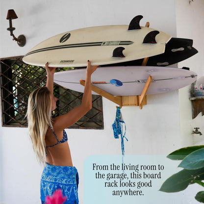 LISS The Sun Rack - Premium Wood Surfboard Wall Mount Rack Display, Ski, Snowboard Holder for 3 Boards for Garage & Home Storage with Built-In Drawer & Hooks for Longboards Shortboards, Wakeboards