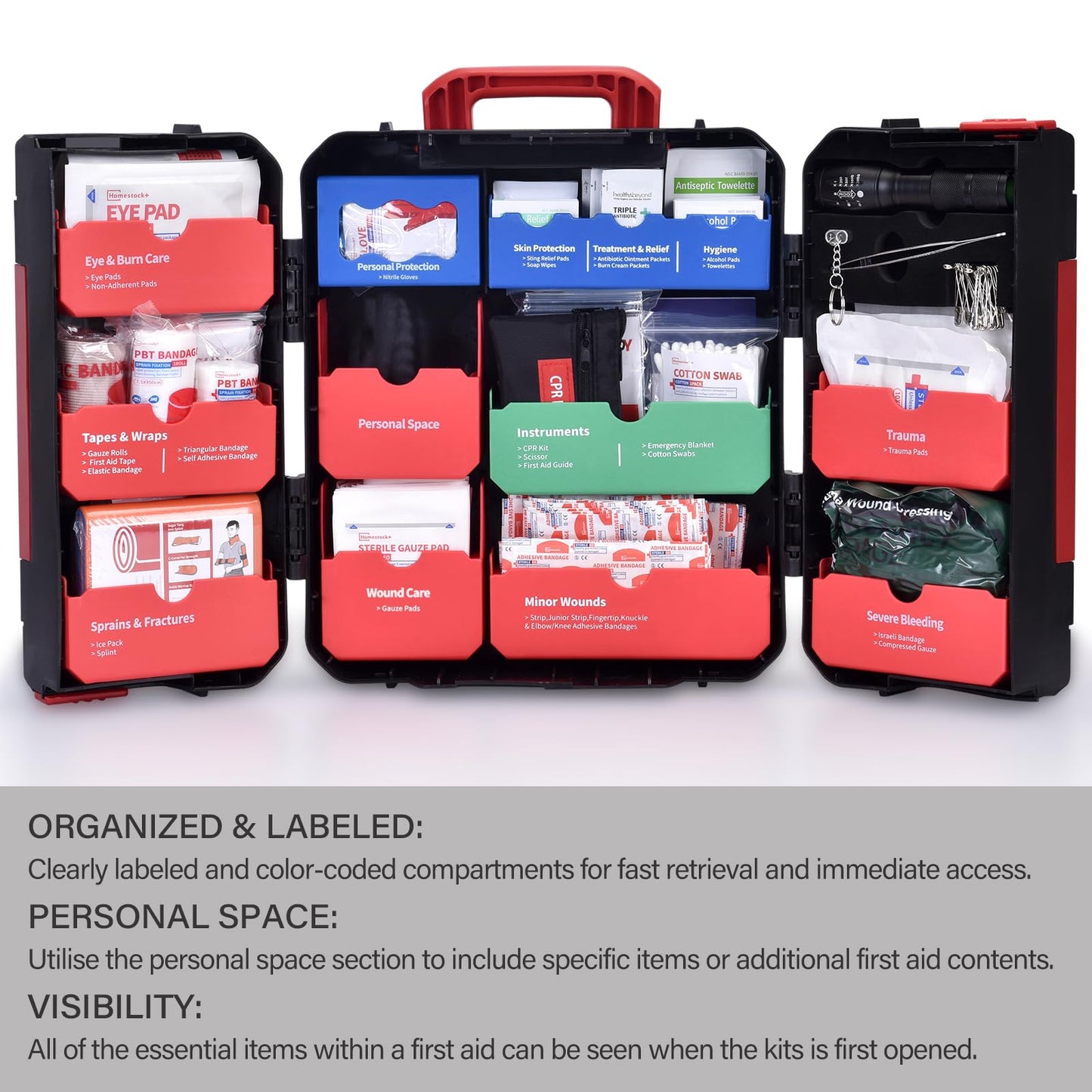 Hard Case First Aid Kit 408 Pcs - Wall Mountable Trauma Kit for Car, Home, Office & Truck - Comprehensive Large First Aid Supplies with Color-Coded Labelled Compartments