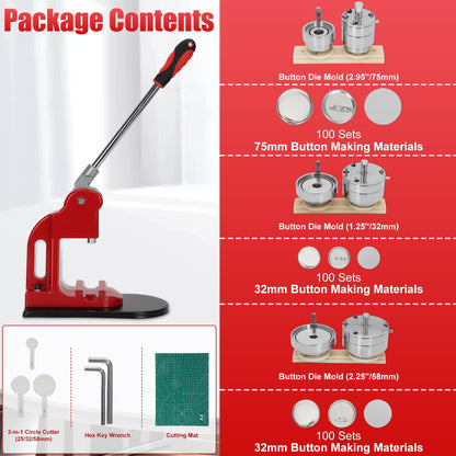 Multiple Sizes Button Maker Machine, Interchangeable Badge Press 1.25 Inch + 2.25 Inch + 3 Inch, DIY Pin Button Making Machine with 300 Sets Supplies, Circle Cutter and Cutting Mat Included