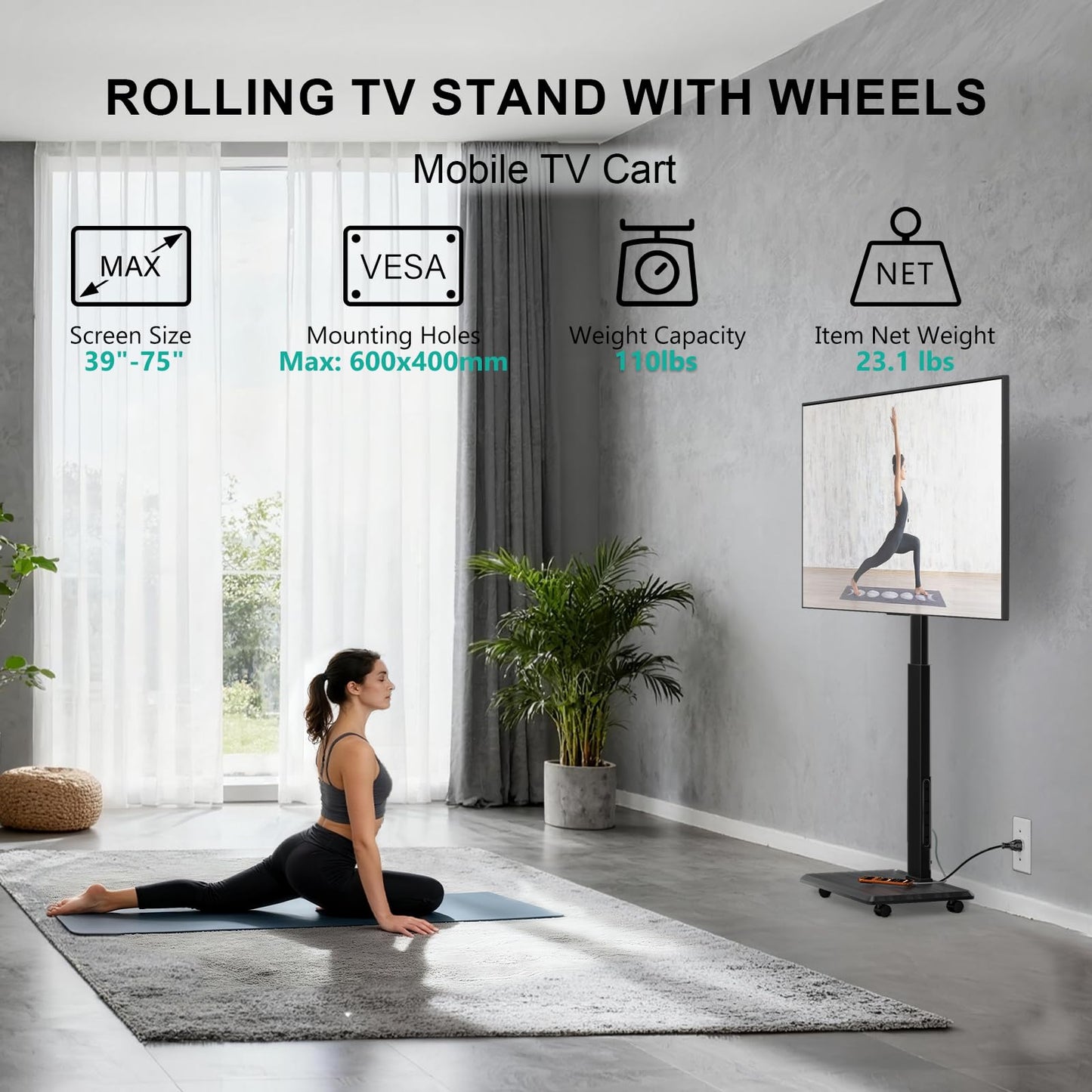 WALI Rolling TV Stand with Power Outlet, Mobile Tall TV Stand Mount on Wheels for 39-75 inch TV up to 110 lbs, Swivel Height Adjustable TV Cart with Wood Base for Bedroom(TVDVD-7PR), Black