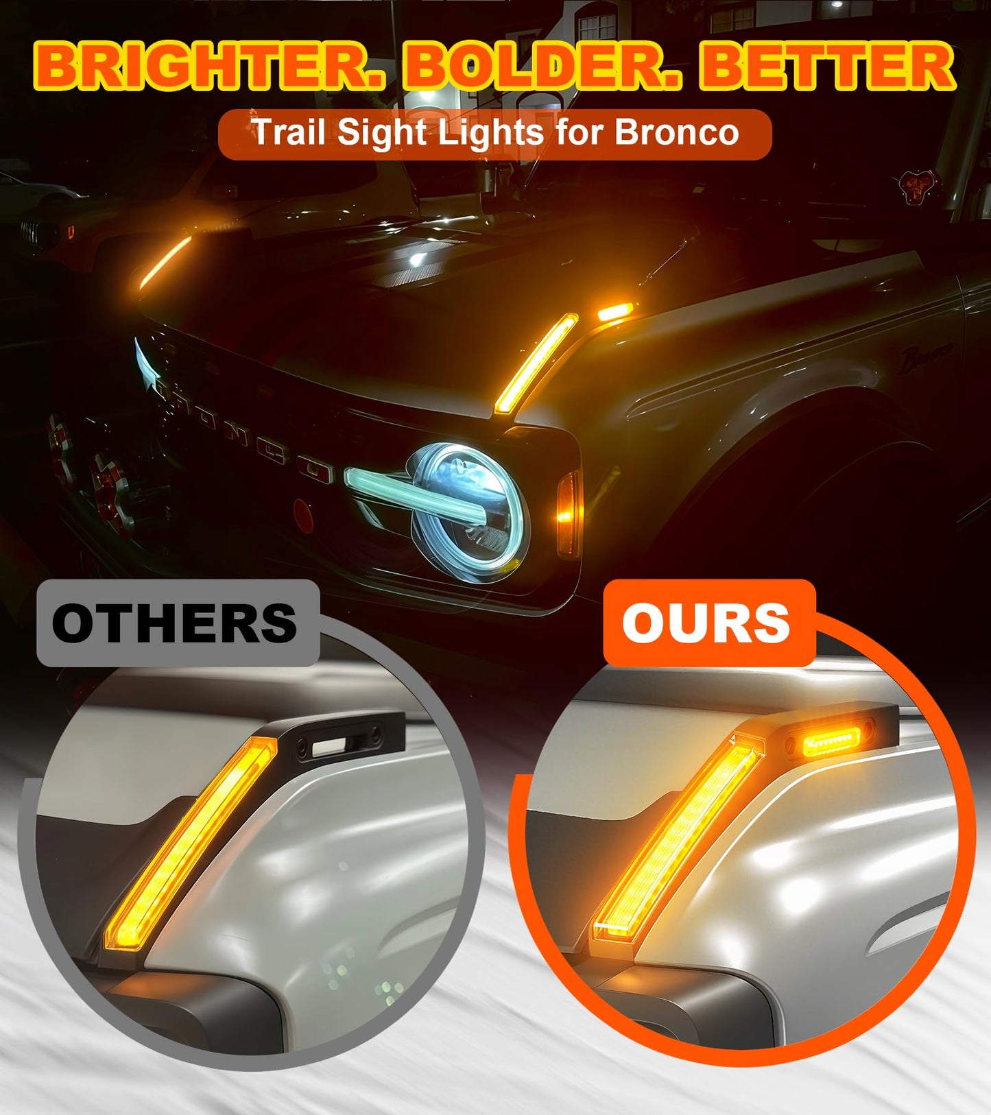 LED Hood Handle Trail Sight Lights for Ford Bronco 2021 2022 2023 2024 2025 2026 Accessories Fog Light Kit Marker Lighting Bar (Amber DRL with Side Markers)
