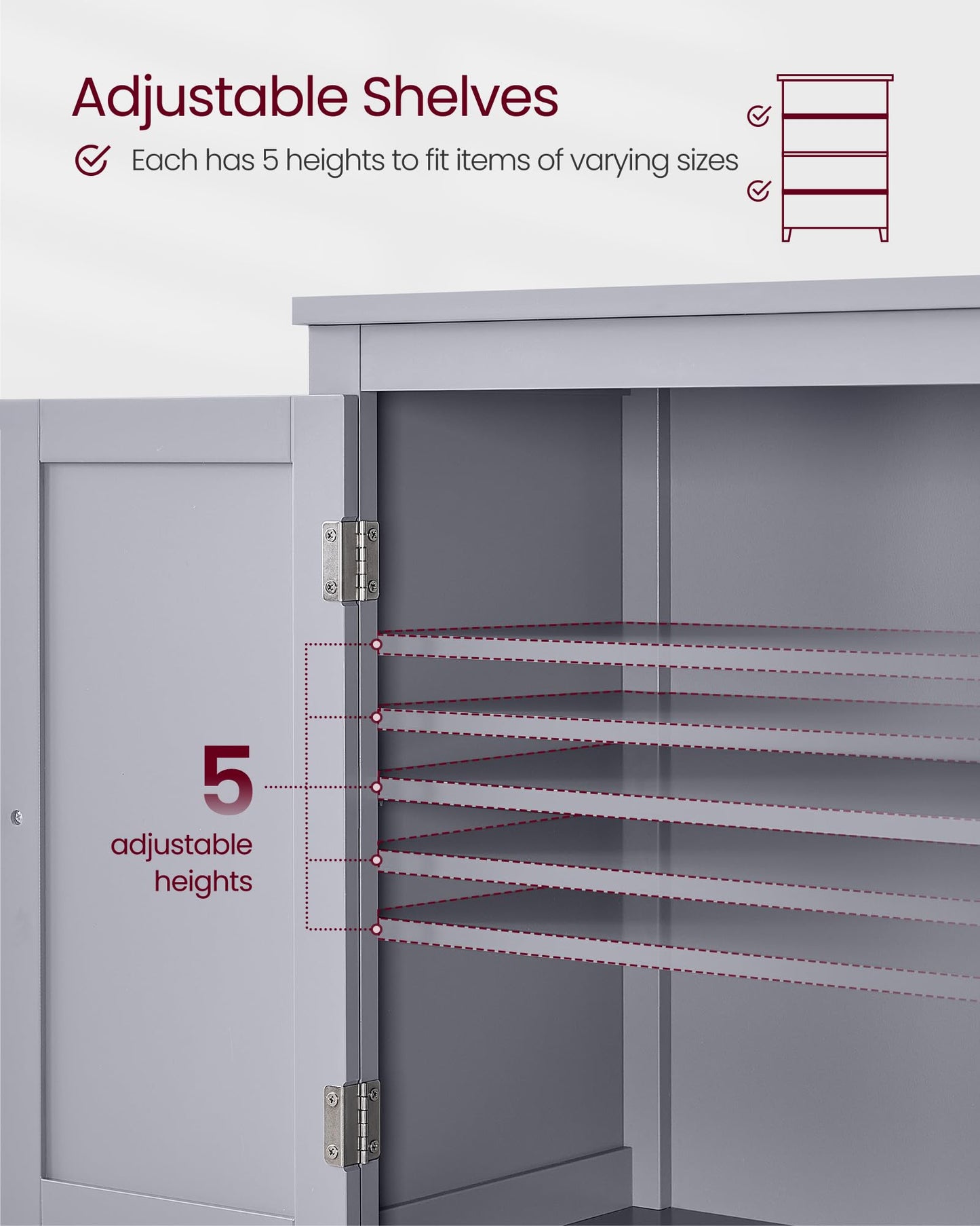 VASAGLE Floor Storage Cabinet, Freestanding Storage Unit with 4 Doors, Adjustable Shelves, 11.8 x 23.6 x 43.3 Inches, for Entryway, Bathroom, Dove Gray UBBC552P36V1