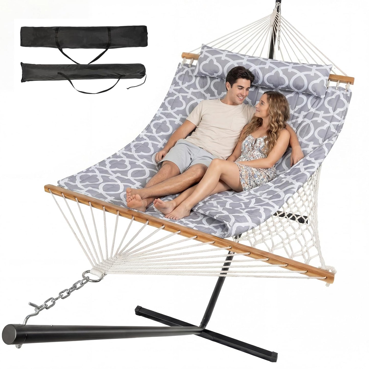 ANAGOO Double Hammock with Stand – Portable Cotton Rope Hammock with Removable Quilted Pad & Pillow, Adjustable Steel Frame for Patio, Backyard, Garden, Park, Camping & Outdoor Relaxation – White Gray