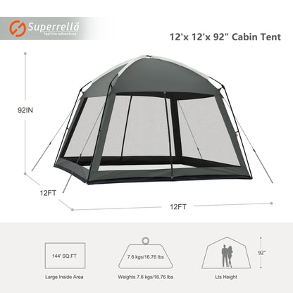 Superrella 12 x 12 FT Camping Screen Tent for 8-10 Person, Easy Setup Screen House with UV 50+ Sun Protection & Mosquito Net for Camping, Backyard, Picnic, Patio, Outdoor, Gray