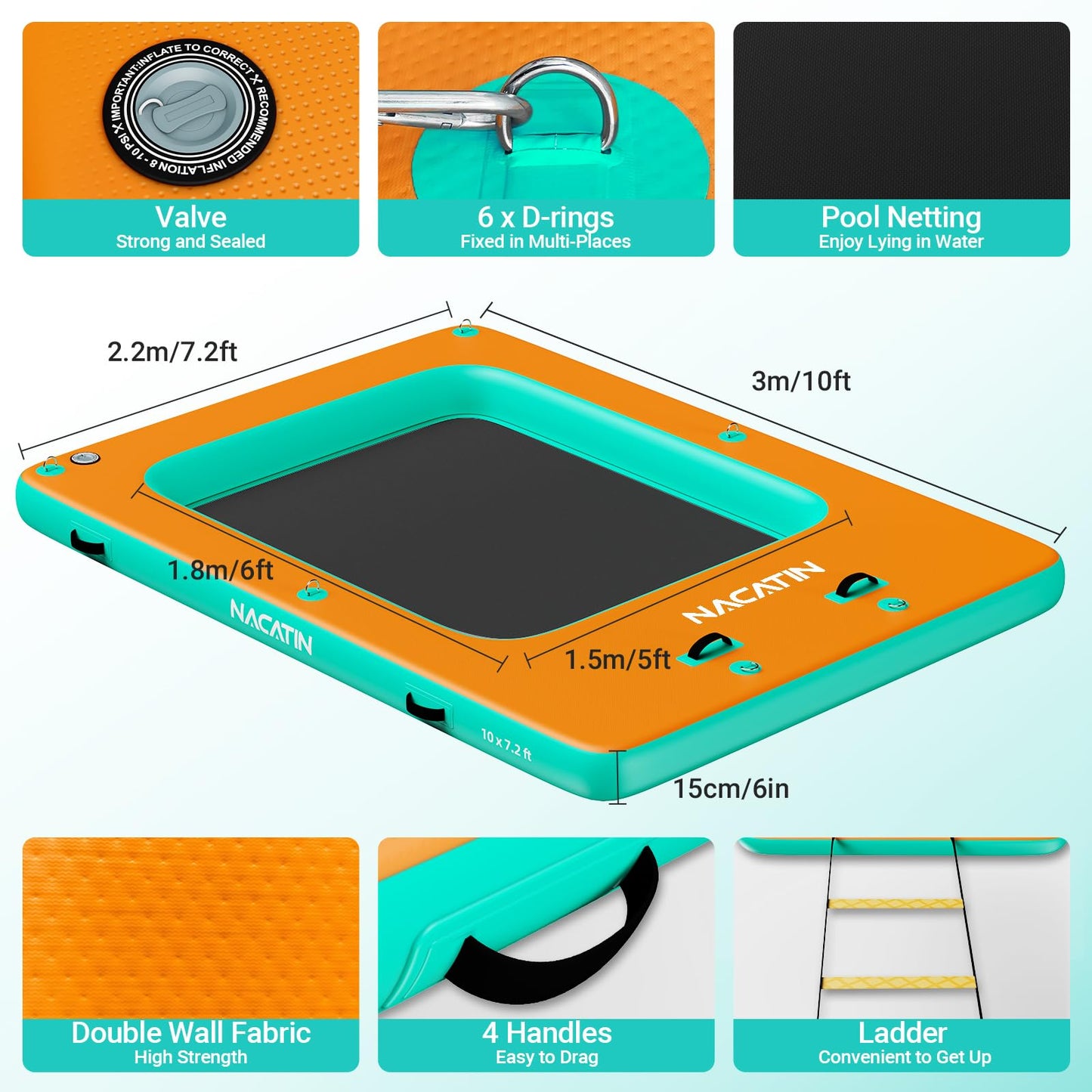 Inflatable Floating Dock, 10FT x 7.2FT Portable Inflatable Island Platform with Mesh Swim Area, fit 6-8 People, Eqiup Air Pump, Repair Kit & Carry Bag, for Swimming, Lake, Pool, Beach