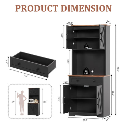 GarveeLife 71" Pantry Cabinet with Charging Station, Tall Kitchen Pantry Storage Cabinet with Microwave Stand, Large Farmhouse Kitchen Hutch with Cabinet Doors & Drawer for Living Room, Dining Room