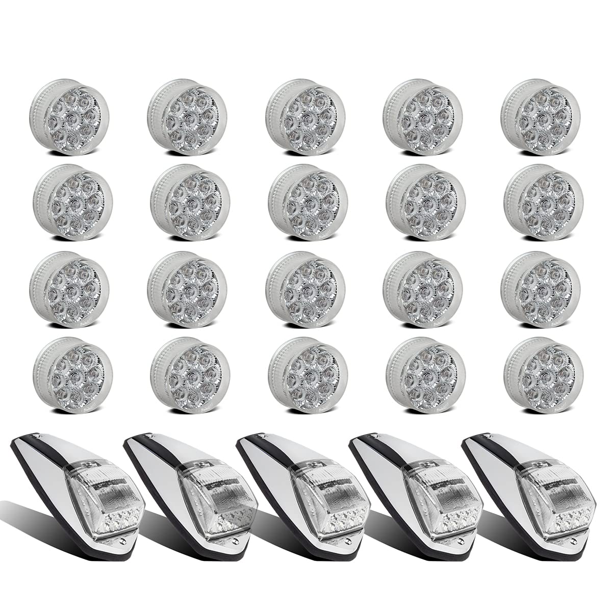Partsam Truck Lamps Kit Clear Lens, 20Pcs 2" Round Amber Trailer Truck LED Side Marker Clearance Lights 9 Diodes + 5Pcs Top Roof Running lights 31 LED Amber Truck Cab Marker Clearance Lights