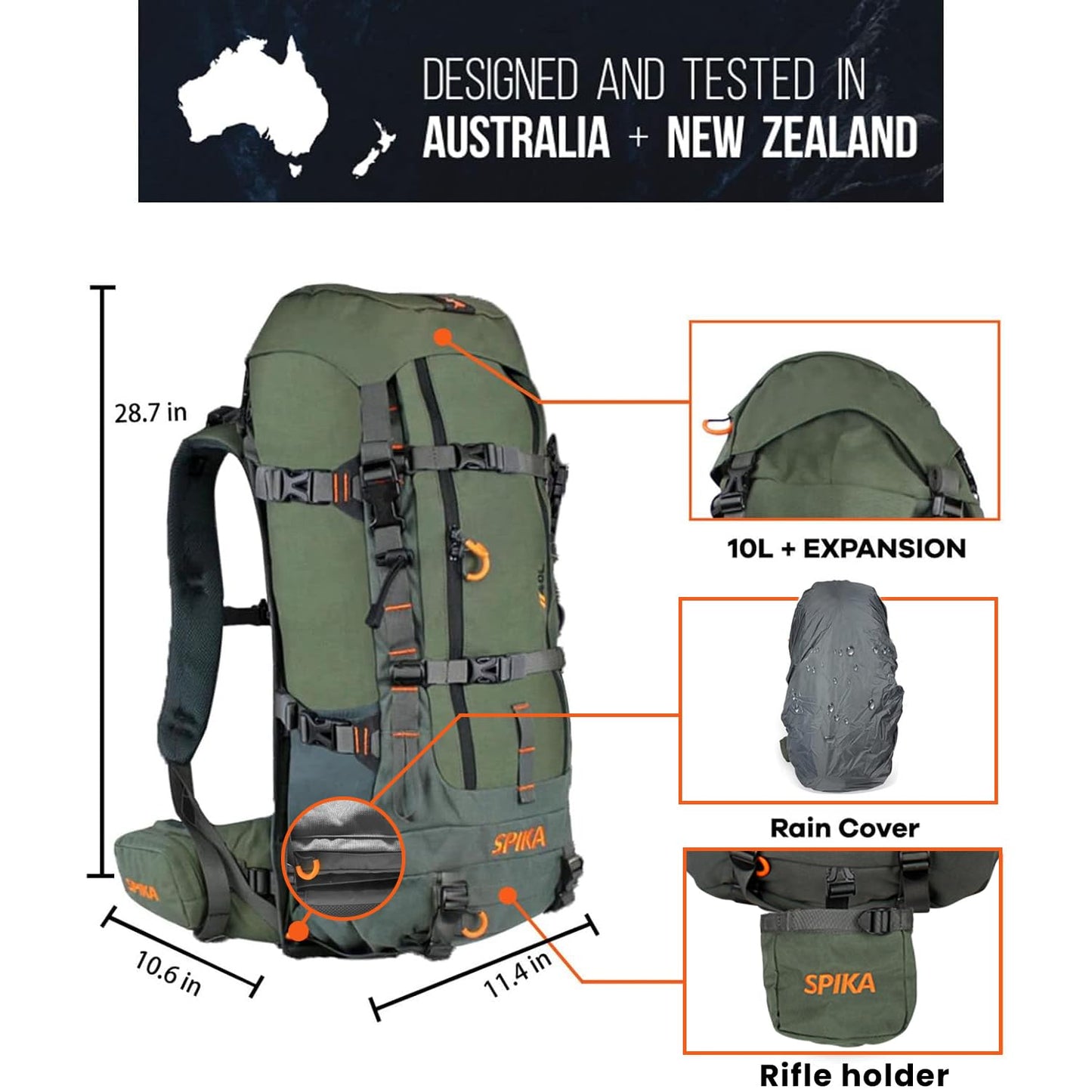SPIKA Hunting Backpack Internal Frame for Men Waterproof Hunting Pack with Rifle Holder Rain Cover Extendable 40L+ Capacity