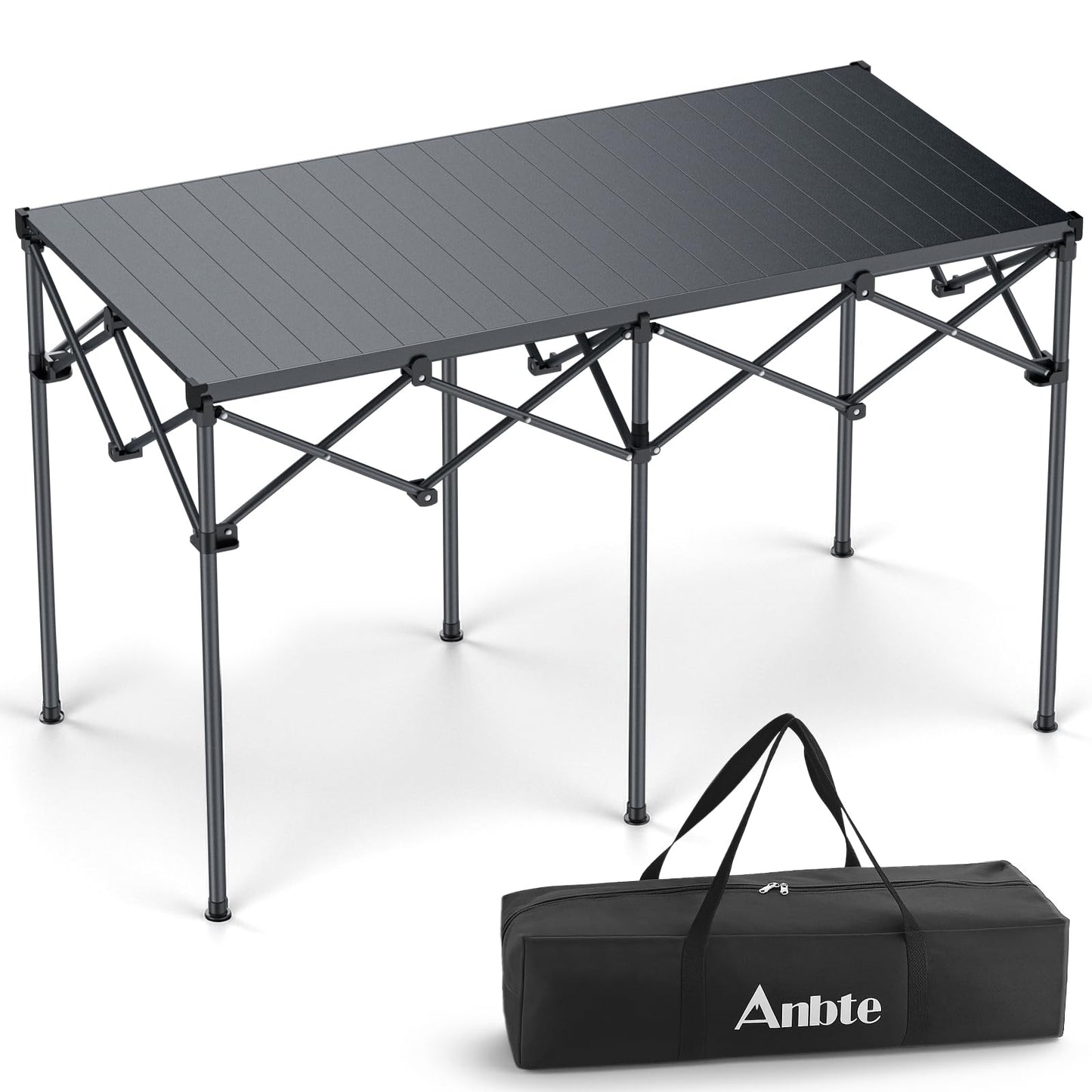 Anbte Heavy-Duty Camping Table, 48” x 23.6” Large Roll Up Camping Table for 6-8 People Support 264lbs with Carry Bag, Waterproof, Portable, for Backyard BBQ Tailgating Picnic Party Indoor, Black