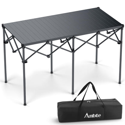 Anbte Heavy-Duty Camping Table, 48” x 23.6” Large Roll Up Camping Table for 6-8 People Support 264lbs with Carry Bag, Waterproof, Portable, for Backyard BBQ Tailgating Picnic Party Indoor, Black